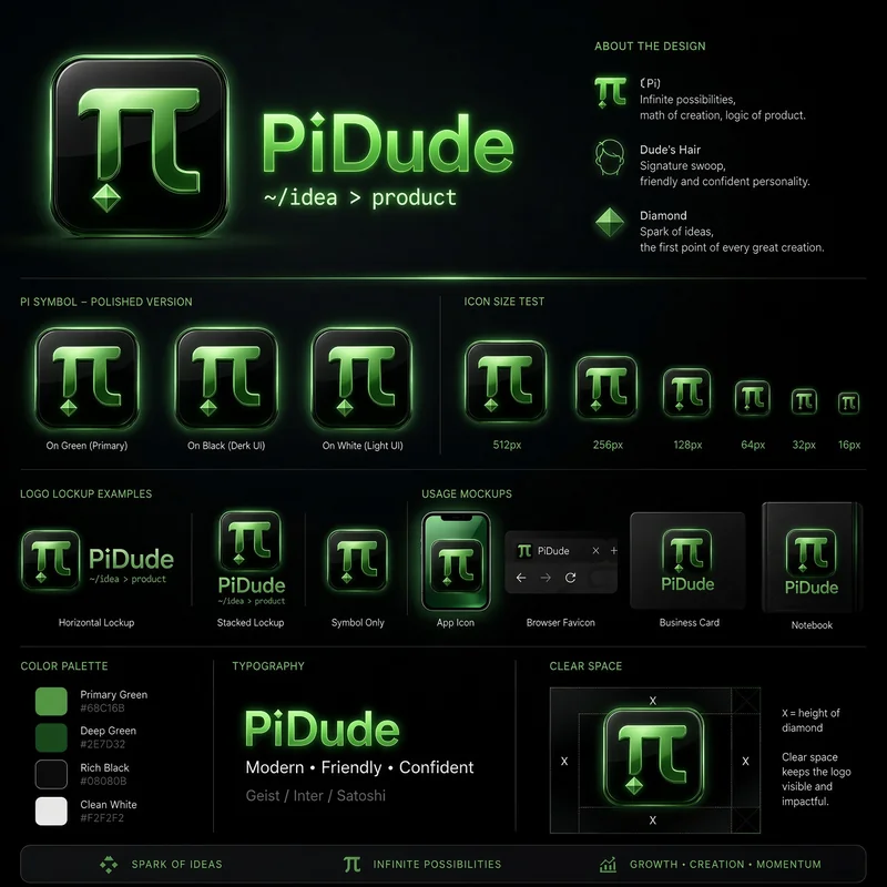 PiDude brand design board featuring logo variations